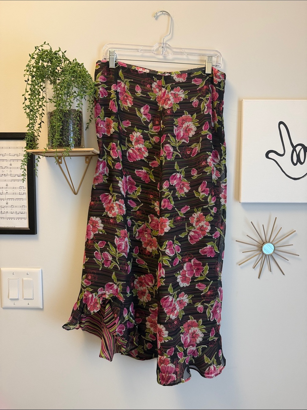Vintage Y2K Reversible Floral and Striped Midi Skirt with Ruffle Hem